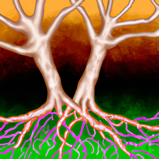 An image of two intertwining trees with vibrant roots grounded deep in the soil, symbolizing the growth and self-discovery that blossoms when individuals come together in relationships, nurturing each other's personal journeys