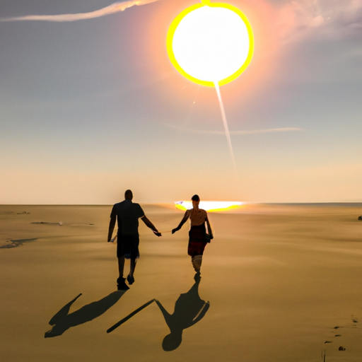 an image of a couple walking hand in hand on a deserted beach, their intertwined fingers revealing trust and companionship