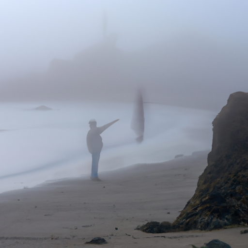 An image of a person standing at the edge of a misty shoreline, desperately reaching out towards a fading silhouette of a loved one