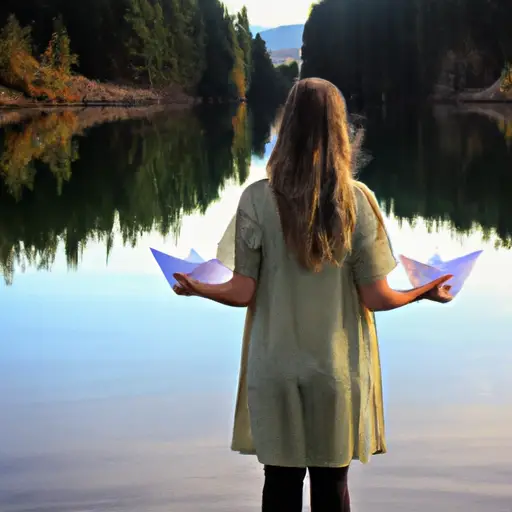  Create an image showcasing a person standing at the edge of a serene lake, gazing into the distance while releasing a paper boat symbolizing closure
