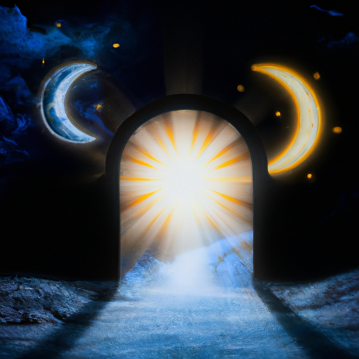 An image depicting a mesmerizing celestial night sky with two shining suns and a crescent moon, illuminating a path leading towards a mysterious door, symbolizing the journey of uncovering your soul's purpose