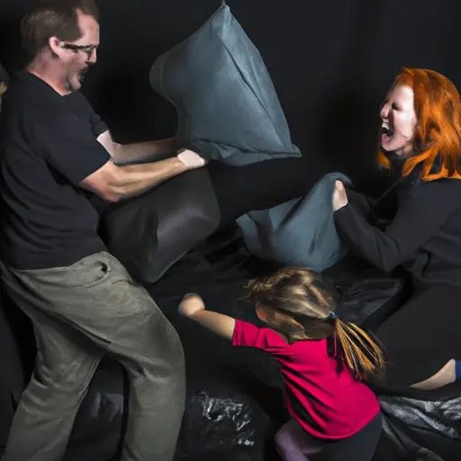 An image showcasing an energetic Aries parent engaging in a playful pillow fight with their child