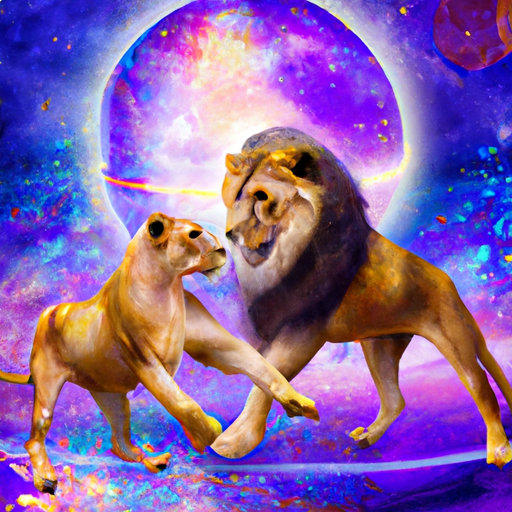 An image showcasing a vibrant, majestic lion confidently leading a charismatic Libra on a whimsical dance floor