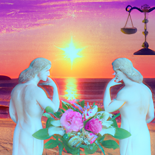 An image depicting a serene sunset beach scene, with two Libras holding hands and gazing into each other's eyes