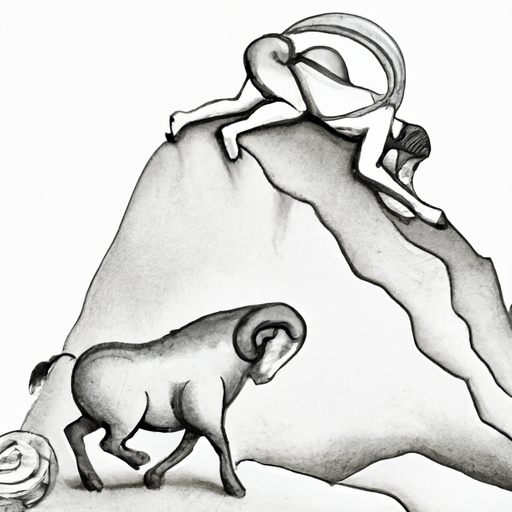 An image showcasing a determined Aries pushing a boulder up a steep mountain, while a defeated Pisces sits at the base
