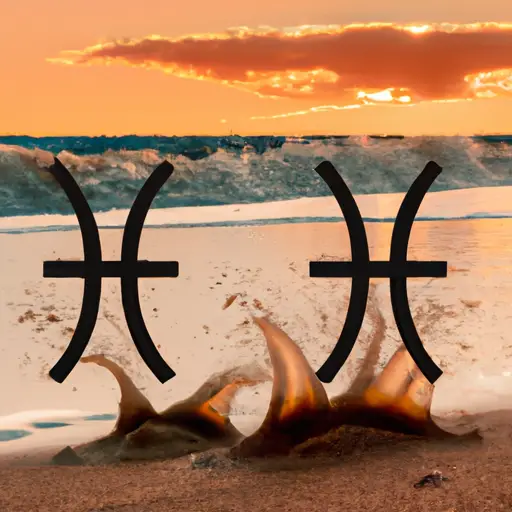 An image showcasing a serene beach scene at sunset, with a Pisces zodiac symbol half-buried in the sand, symbolizing their tendency to give up easily, while a determined Aries symbol stands tall, reflecting their perseverance