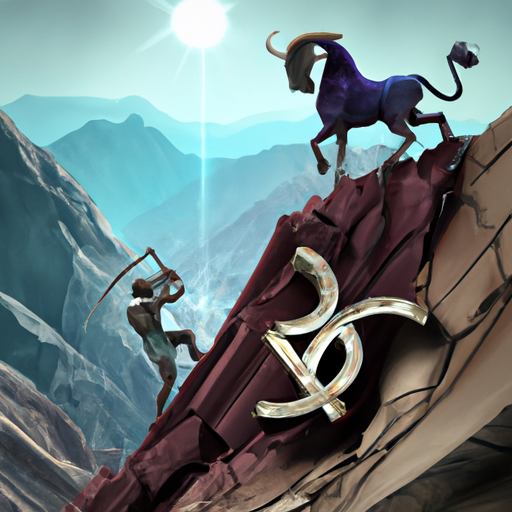 An image depicting a determined zodiac sign scaling a mountain, overcoming obstacles and reaching the summit, contrasting with a defeated zodiac sign sitting at the base, surrounded by discarded goals and broken dreams