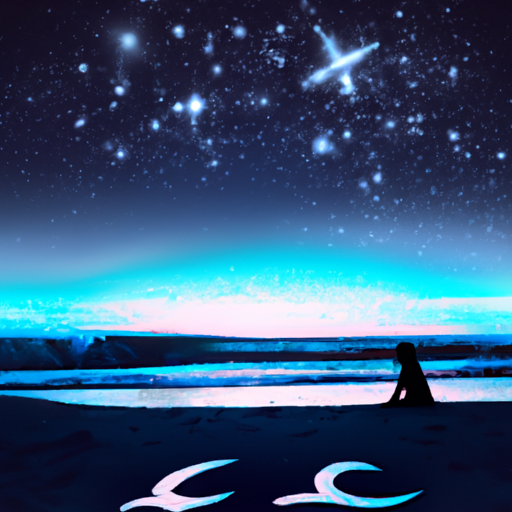 An image depicting a tranquil beach at dusk, with a dreamy Pisces silhouette gazing at the starry sky