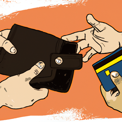 An image of a pair of hands tightly gripping a wallet, while invisible strings attached to the fingers pull on scattered bills and credit cards, symbolizing the manipulative control of finances in a relationship
