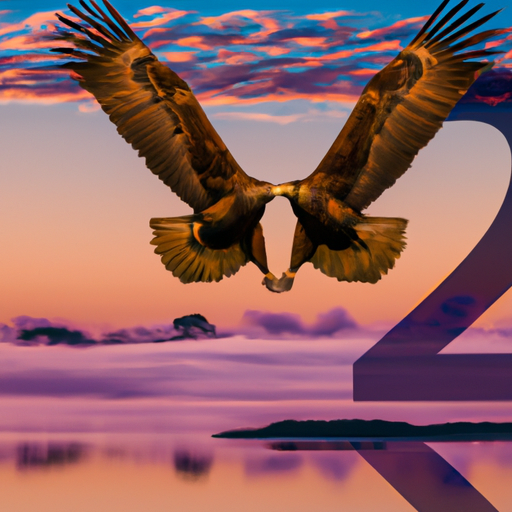 An image featuring a serene landscape at dawn, where two majestic eagles soar gracefully in the sky, forming a perfect "10" with their intertwined wings, symbolizing the divine connection and balance represented by Angel Number 1010