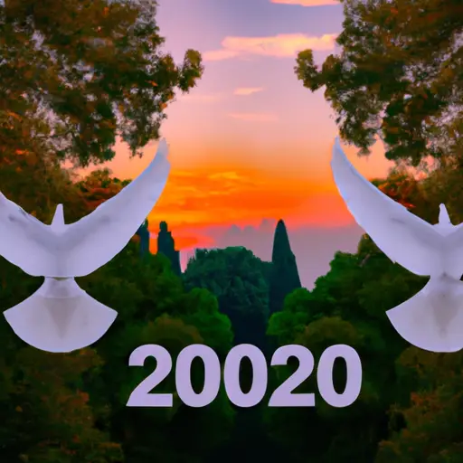 An image showing a serene sunset scene with a clear sky, where two graceful white doves soar above a mystical forest, while the numbers "1010" gently illuminate from within their feathers