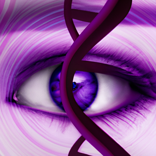 An image showcasing a close-up of two vibrant, mesmerizing eyes in a stunning shade of violet, surrounded by a scientific DNA helix, symbolizing the fascinating genetics behind the rare phenomenon of purple eye color