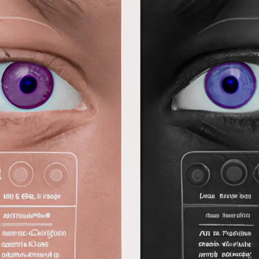 An image showcasing a close-up of two eyes, one with vibrant purple hues and the other with a more common eye color, surrounded by a colorful genetic chart, representing the various factors that influence eye color