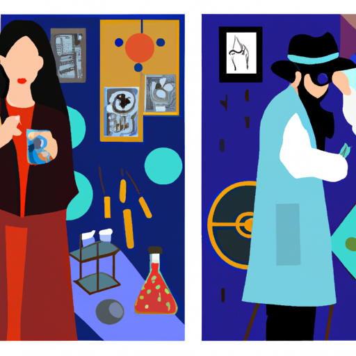An image showcasing two contrasting scenes: on the left, an astronomer observing celestial bodies through a telescope in a lab; on the right, an astrologer surrounded by zodiac signs, crystals, and tarot cards