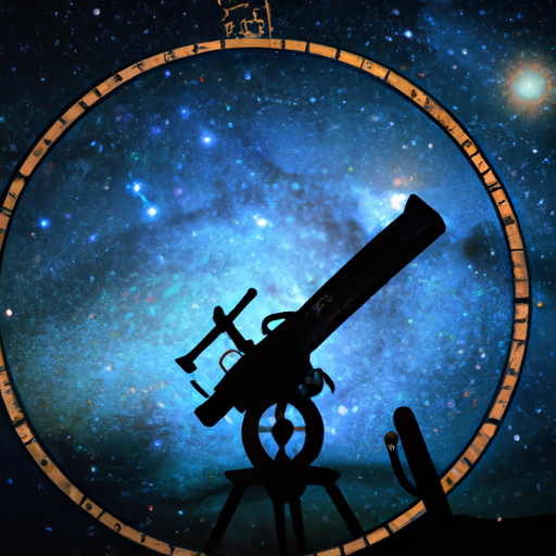 An image contrasting astronomy and astrology: A telescope pointed at the vast night sky, revealing celestial objects, juxtaposed with a mystical zodiac wheel, emphasizing the subjective interpretations and symbols associated with astrology