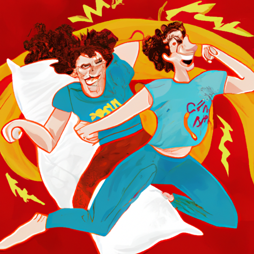 An image displaying two siblings, one Aries and the other Sagittarius, engaging in an intense yet lively pillow fight