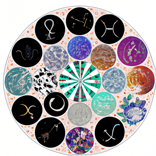 An image featuring twelve vibrant, intricately patterned zodiac symbols, arranged in a circle