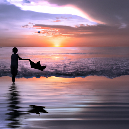 An image showcasing a serene beach at sunset, with a silhouette of a person peacefully releasing a paper boat into the ocean