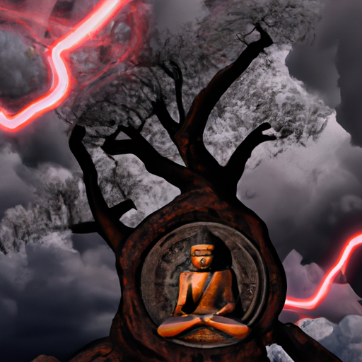 An image that depicts a serene Buddha sitting cross-legged under a Bodhi tree, surrounded by a swirling storm of dark clouds and lightning bolts, symbolizing the tumultuous nature of mental illness and the quest for inner peace