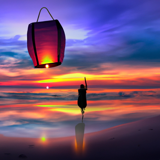 An image depicting a serene sunset on a tranquil beach, with a lone figure releasing a paper lantern into the sky