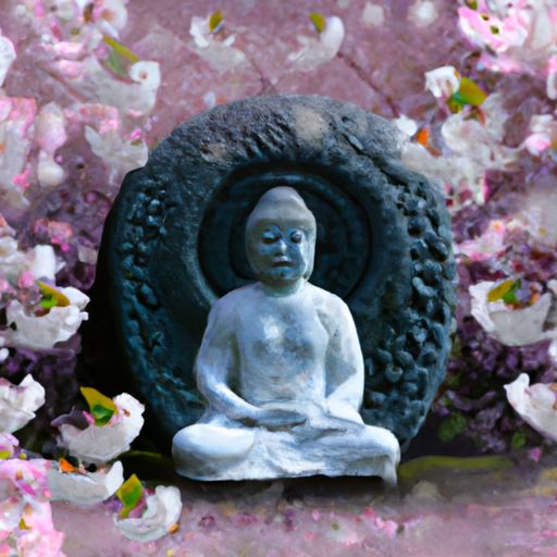 An image capturing a serene Zen garden with a meditating Buddha statue at its center, surrounded by blooming cherry blossom trees, symbolizing the journey of mindfulness towards inner peace amidst the struggles of mental illness