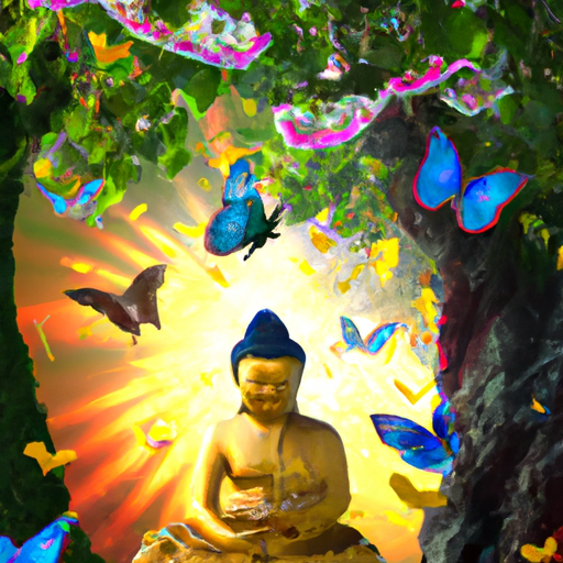 An image featuring a serene, golden Buddha sitting cross-legged under a blossoming Bodhi tree, surrounded by colorful butterflies symbolizing freedom