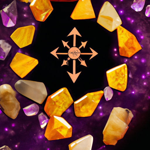 An image showcasing a vibrant Sagittarius constellation made of sparkling amethyst and citrine crystals, radiating a sense of wanderlust and adventure