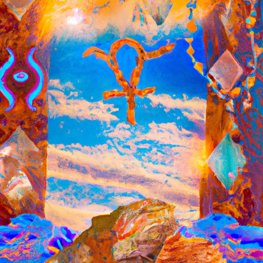 An image showcasing a vibrant, sunlit room adorned with a celestial tapestry, where a Sagittarius zodiac symbol hangs amidst clusters of citrine, orange calcite, and turquoise crystals, radiating warmth and inspiring boundless optimism