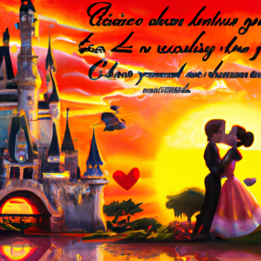 An image depicting a romantic sunset scene with Mickey and Minnie Mouse sharing a passionate kiss under a blooming Cinderella's castle, surrounded by famous love quotes from classic Disney films subtly incorporated into the scenery