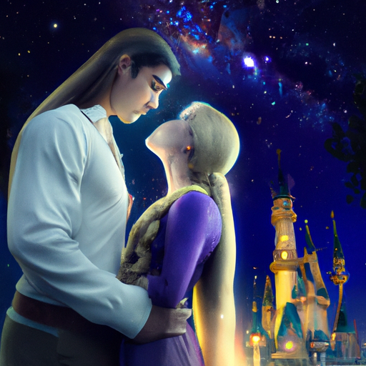 An image showcasing a modern Disney couple, like Rapunzel and Flynn, exchanging a heartfelt gaze under a starry night sky, capturing the essence of contemporary love with a touch of Disney magic