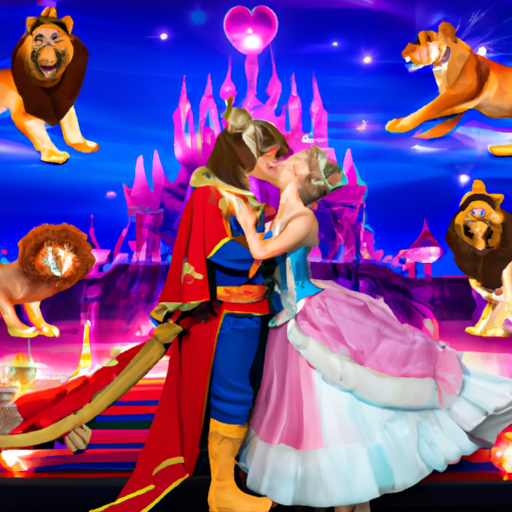 An image featuring a montage of iconic Disney couples, from Cinderella and Prince Charming's enchanting dance to Simba and Nala's playful nuzzling, capturing the essence of love and romance in the magical world of Disney