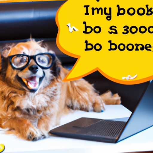 An image featuring a cartoon-style dog wearing glasses, sitting next to a laptop with a speech bubble containing a bone-shaped emoji