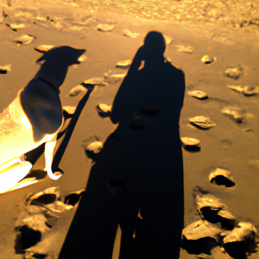 An image featuring a silhouette of a loyal dog sitting beside a person, casting a long shadow on a sunlit beach