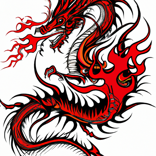 An image showcasing a fierce, intricately detailed traditional dragon tattoo design, where the mythical creature's sinewy body coils around a samurai warrior, fierce flames engulfing them both, symbolizing strength and power