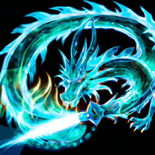 An image showcasing a fierce dragon with intricately designed scales, coiled around a sword, with vibrant flames emanating from its mouth