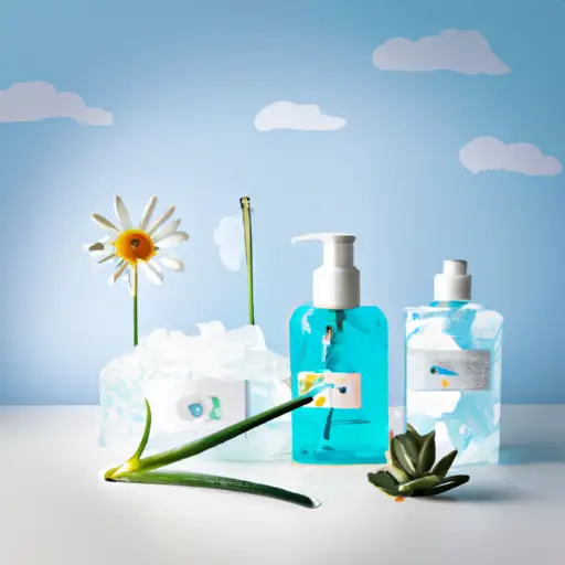 An image showcasing a gentle oasis for skin with a serene background, featuring a collection of fragrance-free hand sanitizers with soothing ingredients like aloe vera and chamomile, all elegantly displayed on a soft, cloud-like surface