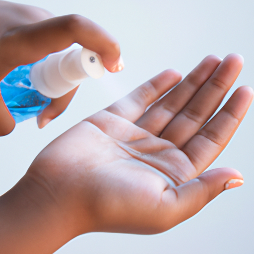 An image showcasing a pair of hands covered in a gentle mist of hypoallergenic hand sanitizer