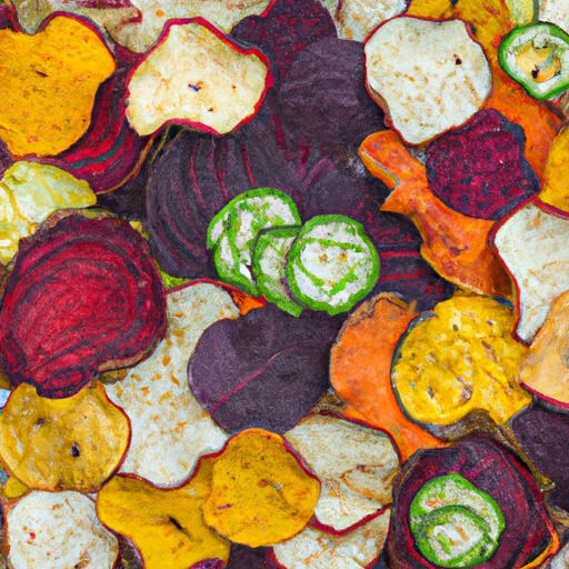 An image showcasing a colorful array of oven-baked veggie chips