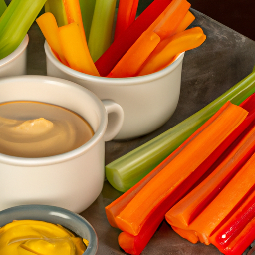 An image showcasing a colorful assortment of crisp vegetable sticks, like carrot, celery, and bell pepper, accompanied by small bowls of smooth and creamy nut butters for dipping