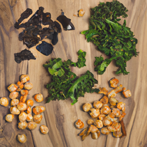 An image showcasing an assortment of vibrant, crunchy kale chips, roasted chickpeas, and seaweed snacks, arranged artfully on a rustic wooden platter, perfect for a blog post on the best healthy salty snacks