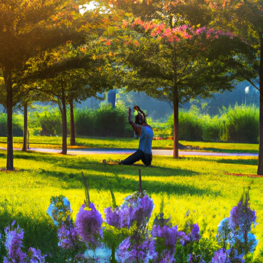 An image showcasing a serene morning scene: a person practicing yoga on a vibrant green grass field, surrounded by blooming flowers, with sunlight gently filtering through the trees, inspiring self-care and emphasizing the importance of prioritizing one's well-being