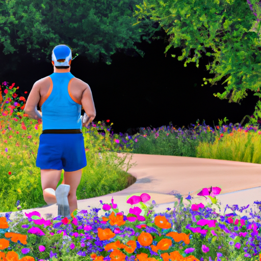 An image featuring a lush green park with a well-maintained jogging trail, surrounded by vibrant wildflowers