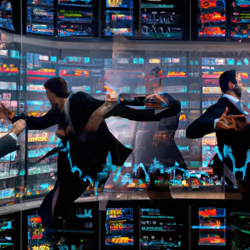 An image featuring a bustling stock exchange floor with animated traders, their hands flying as they manage multiple screens and make split-second decisions