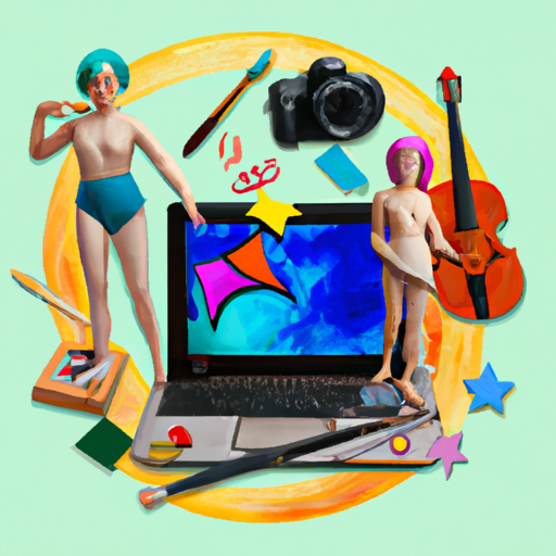 An image showcasing a vibrant collage of a Gemini surrounded by various artistic tools like paintbrushes, musical instruments, a camera, and a laptop, symbolizing their adaptability and suitability for creative professions