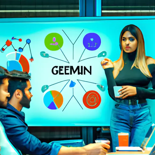 An image featuring a dynamic Gemini entrepreneur surrounded by a diverse group of professionals brainstorming ideas in a vibrant, modern office space with a whiteboard filled with colorful sketches and charts