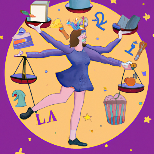 An image showcasing a Libra gracefully balancing on one scale while juggling various items representing their indecisiveness, accompanied by a laughing crowd of memes surrounding them, capturing the hilarious essence of this zodiac sign