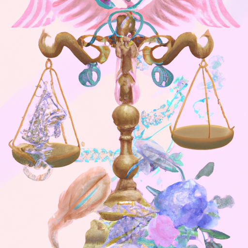 An image capturing the essence of Libra through a balanced scale adorned with whimsical symbols of justice and harmony, surrounded by floating feathers and delicate flowers in shades of pastel, evoking the zodiac sign's graceful and diplomatic nature