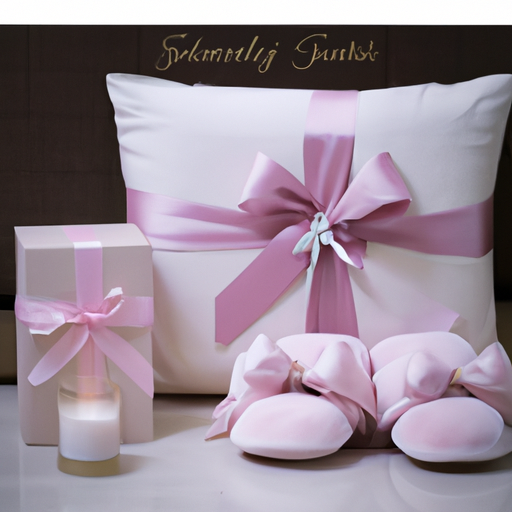 An image that showcases a beautifully wrapped gift box, adorned with a delicate silk ribbon, containing luxurious items like a plush pregnancy pillow, a scented candle, and a pair of elegant maternity slippers, all perfect for pampering pregnant mothers on Mother's Day