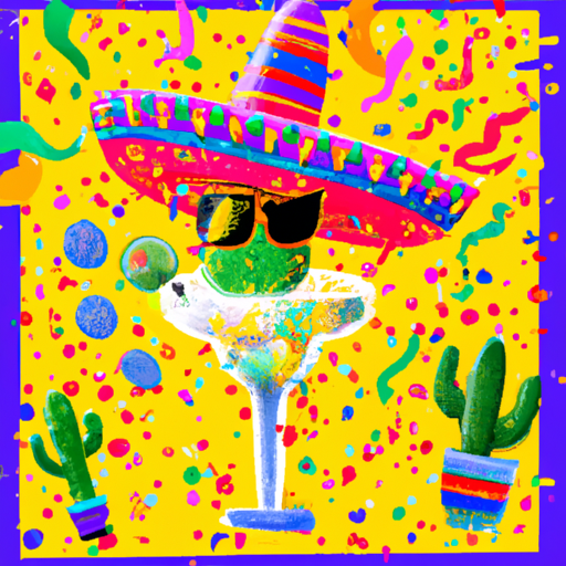 An image featuring a vibrant margarita glass overflowing with citrusy goodness, adorned with a whimsical sombrero and maracas