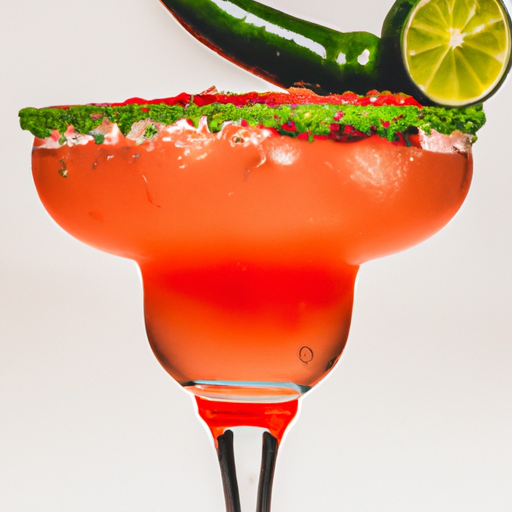 An image showcasing a vibrant margarita glass filled with an unconventional flavor combination like watermelon and jalapeño, with a playful garnish of lime wedges and chili powder rim